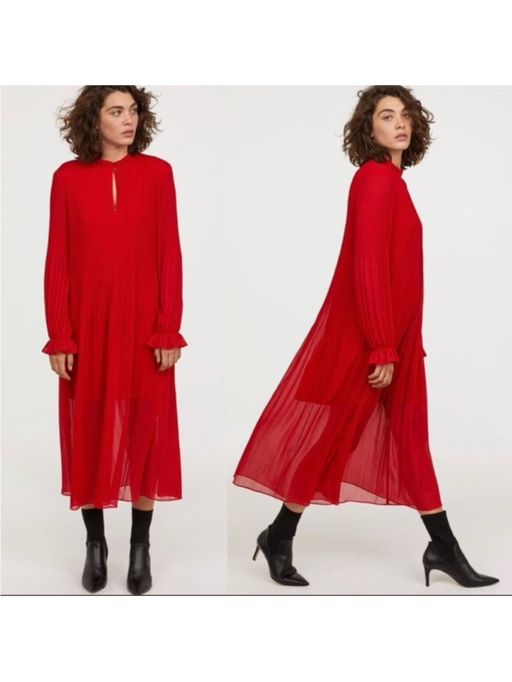 H&M Red Long-Sleeve Pleated Midi Dress
